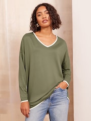Friends Like These Khaki Tipped Soft Jersey V-Neck Long Sleeve Tunic Top - Image 2 of 4