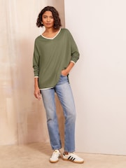Friends Like These Khaki Tipped Soft Jersey V-Neck Long Sleeve Tunic Top - Image 3 of 4