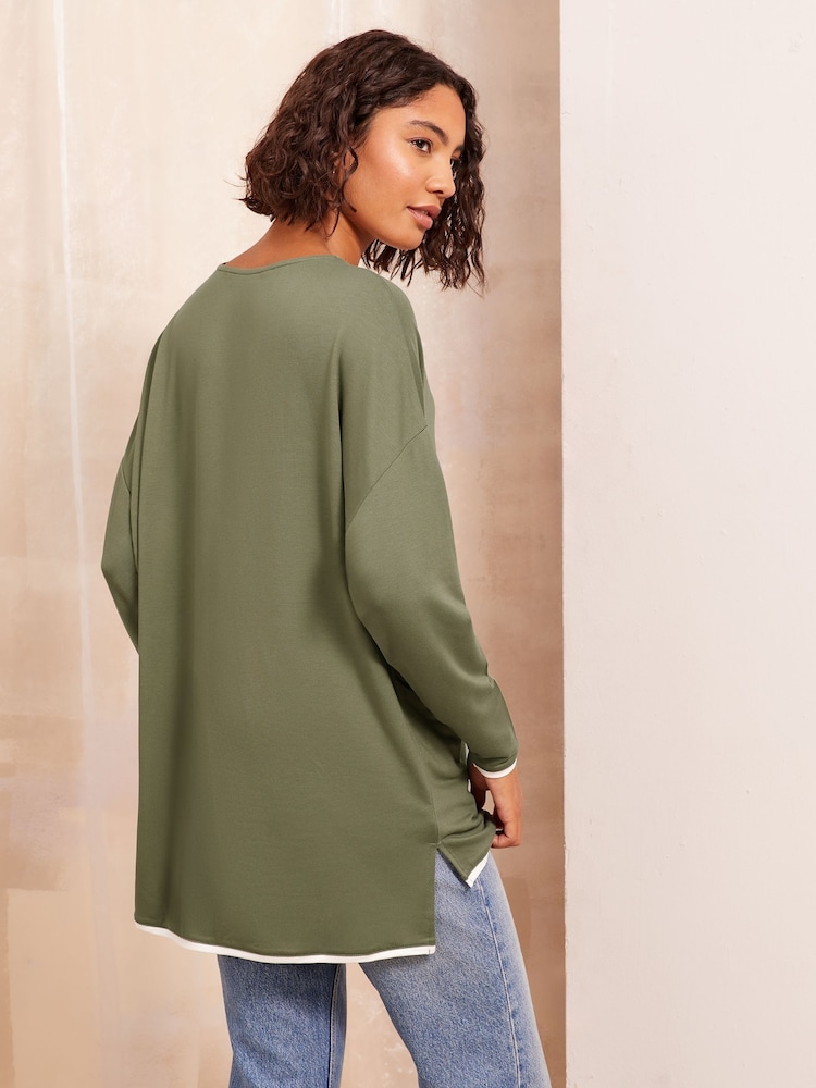 Friends Like These Khaki Tipped Soft Jersey V-Neck Long Sleeve Tunic Top - Image 4 of 4
