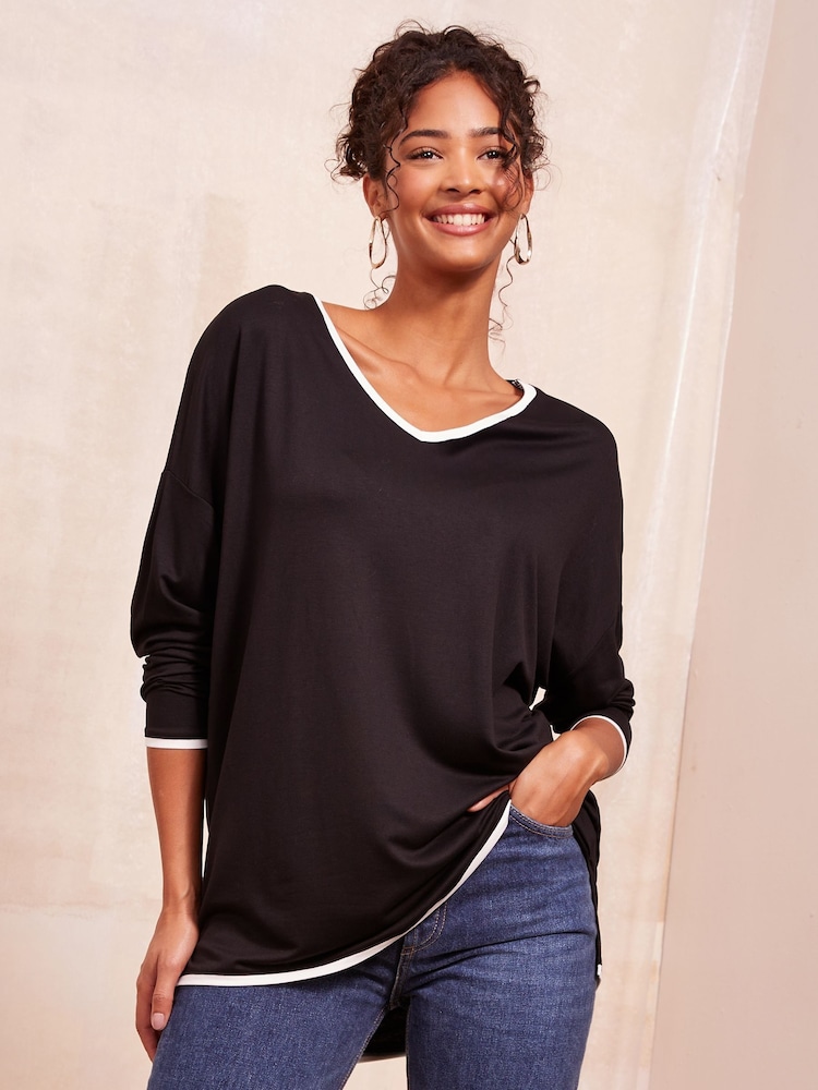 Friends Like These Black Tipped Soft Jersey V-Neck Long Sleeve Tunic Top - Image 1 of 4