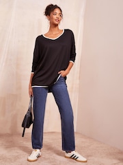 Friends Like These Black Tipped Soft Jersey V-Neck Long Sleeve Tunic Top - Image 2 of 4