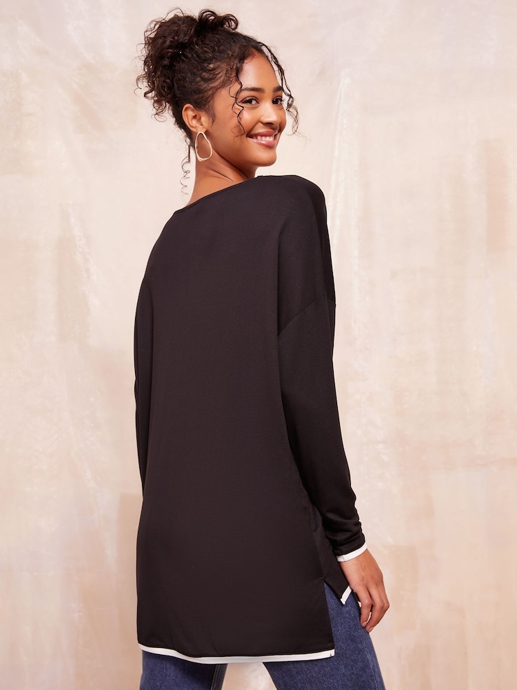 Friends Like These Black Tipped Soft Jersey V-Neck Long Sleeve Tunic Top - Image 4 of 4