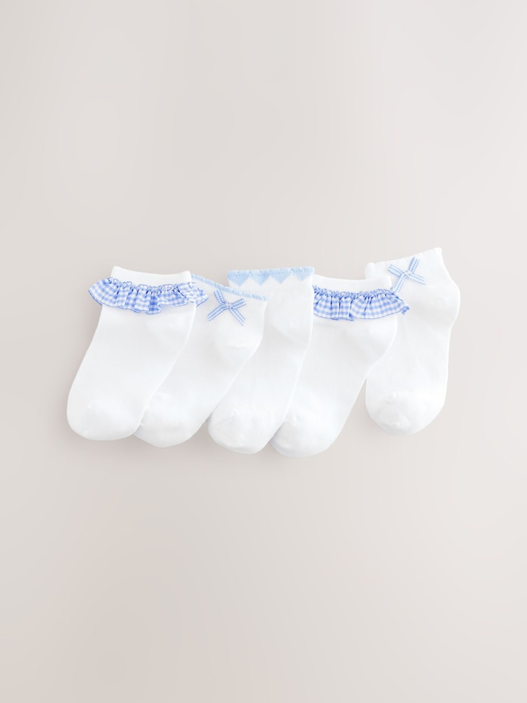 White with Blue Gingham Ruffle Rich Trainer Socks 5 Pack - Image 1 of 3