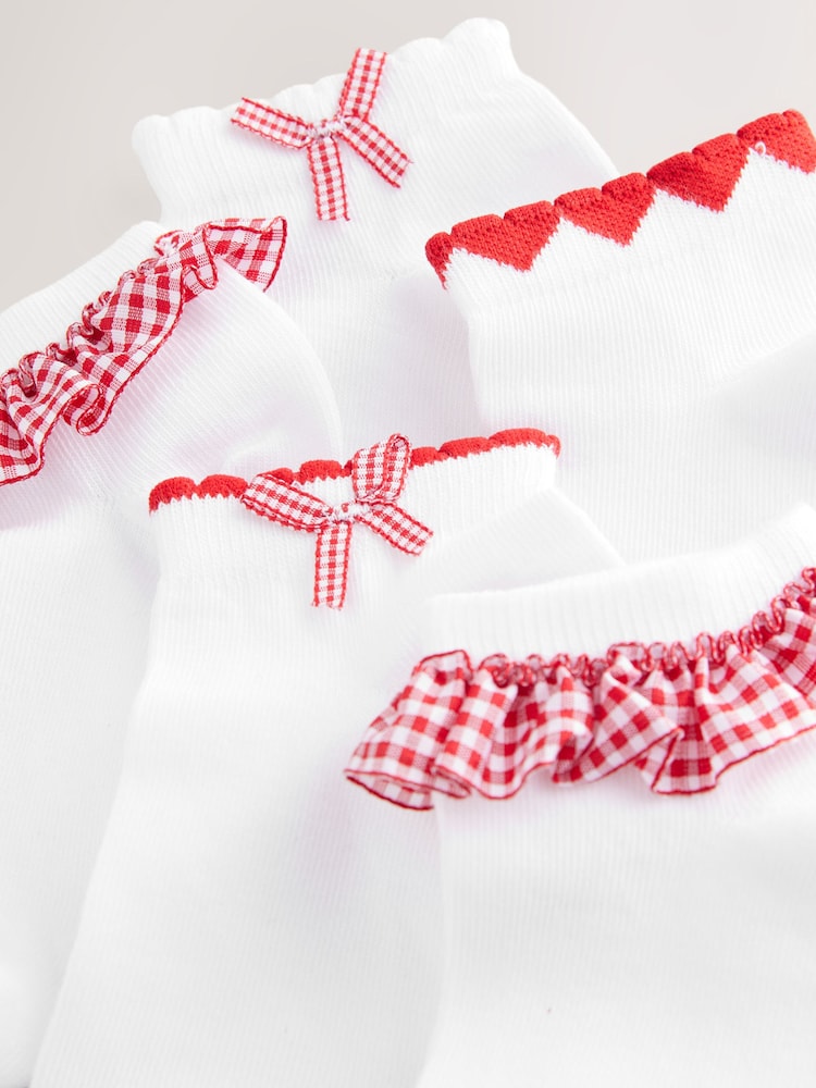 White with Red Gingham Ruffle Rich Trainer Socks 5 Pack - Image 3 of 3