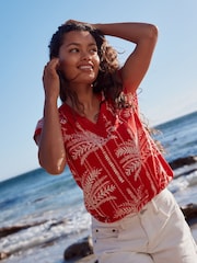 Red/Ecru Short Sleeve Lace V-Neck Bubblehem 100% Cotton Top - Image 1 of 6