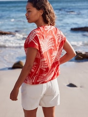 Red/Ecru Short Sleeve Lace V-Neck Bubblehem 100% Cotton Top - Image 2 of 6