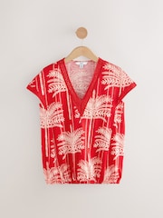 Red/Ecru Short Sleeve Lace V-Neck Bubblehem 100% Cotton Top - Image 4 of 6