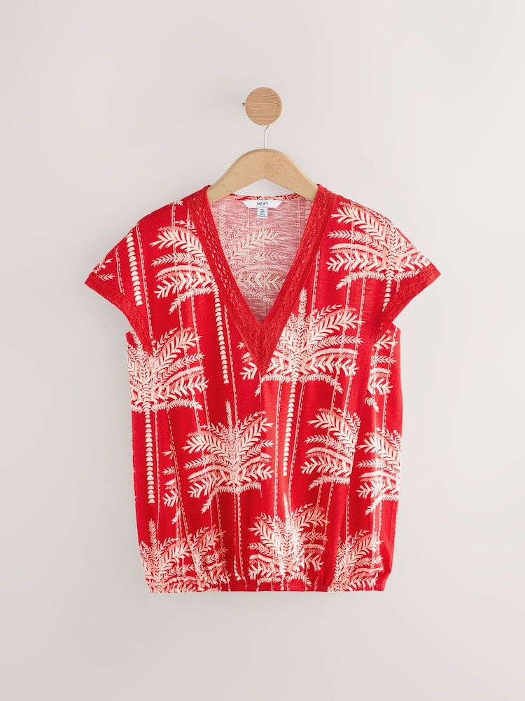 Red/Ecru Short Sleeve Lace V-Neck Bubblehem 100% Cotton Top - Image 4 of 6