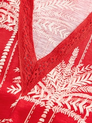 Red/Ecru Short Sleeve Lace V-Neck Bubblehem 100% Cotton Top - Image 6 of 6