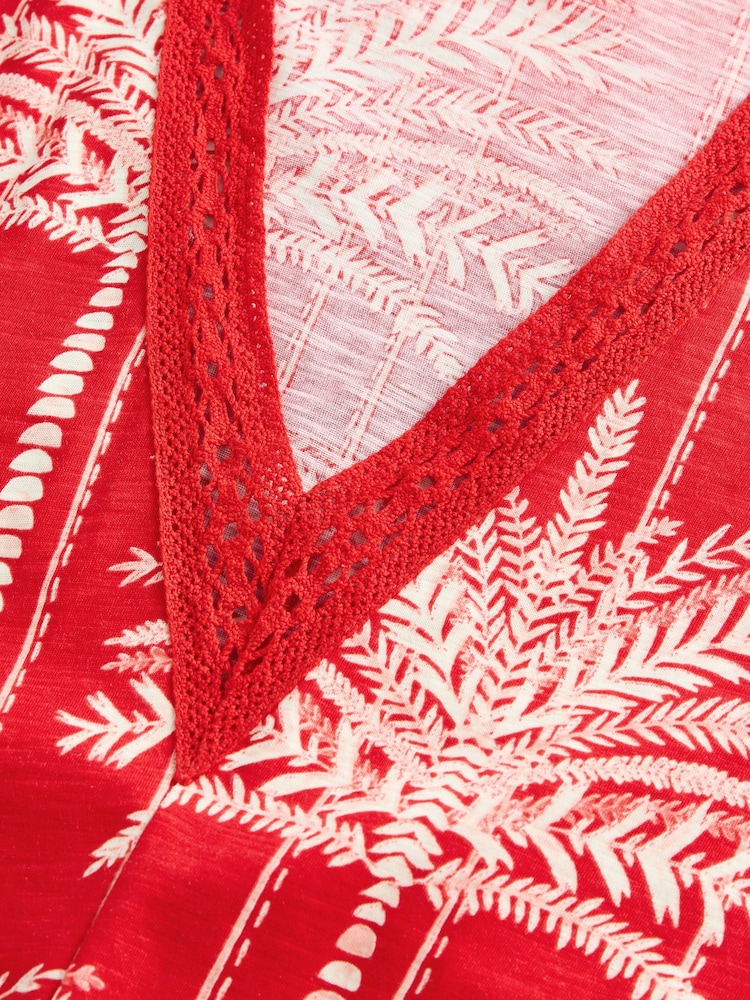 Red/Ecru Short Sleeve Lace V-Neck Bubblehem 100% Cotton Top - Image 6 of 6