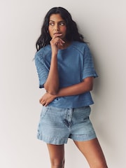 Blue Crochet Short Sleeve 100% Cotton T-Shirt - Image 1 of 7