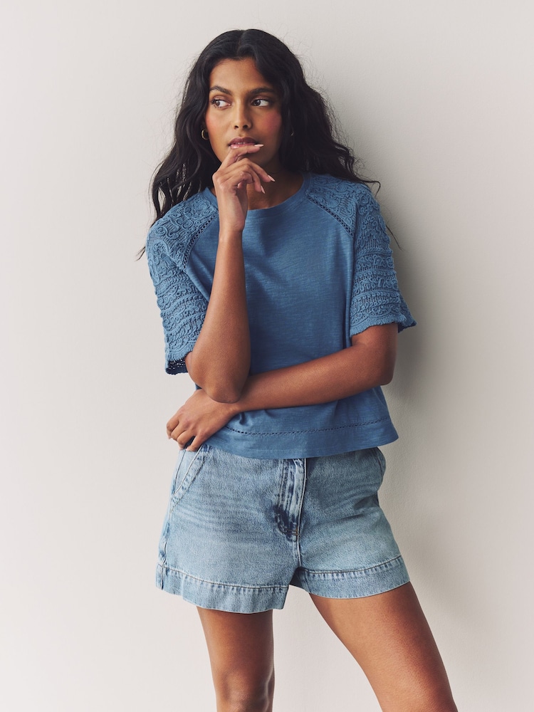 Blue Crochet Short Sleeve 100% Cotton T-Shirt - Image 1 of 7