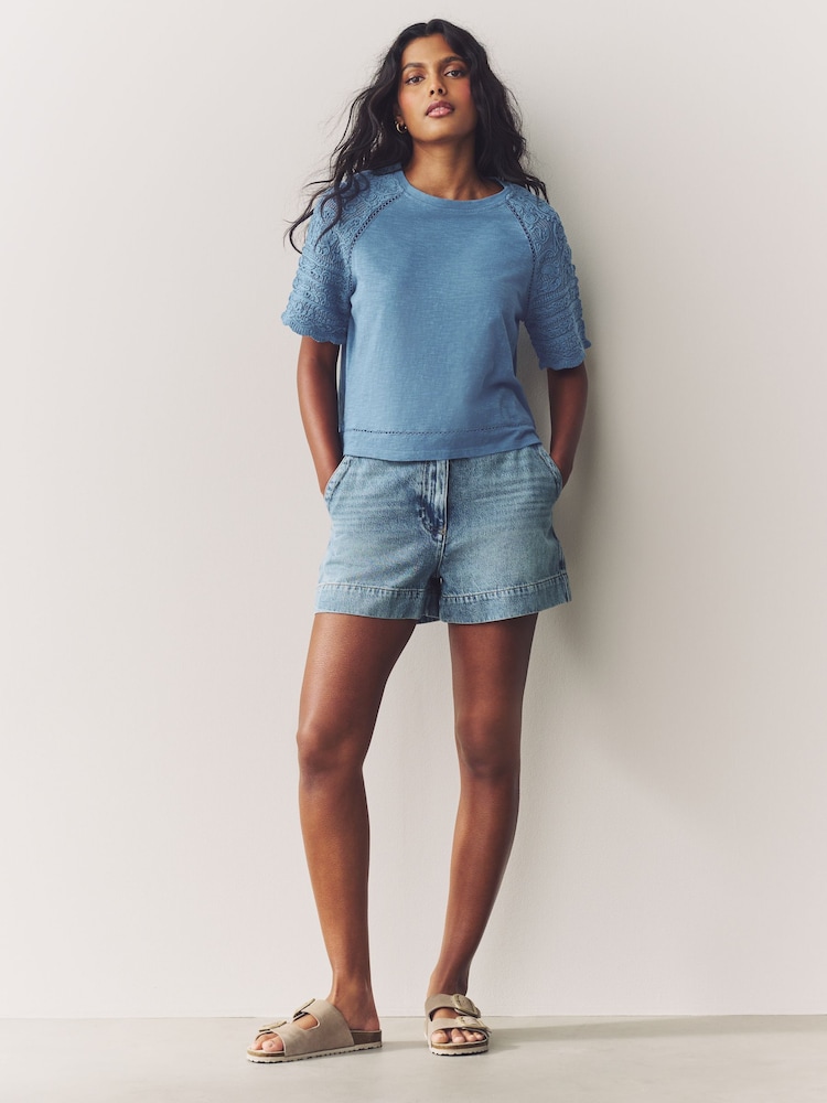 Blue Crochet Short Sleeve 100% Cotton T-Shirt - Image 2 of 7