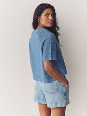 Blue Crochet Short Sleeve 100% Cotton T-Shirt - Image 3 of 7