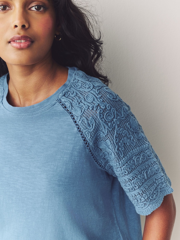 Blue Crochet Short Sleeve 100% Cotton T-Shirt - Image 4 of 7