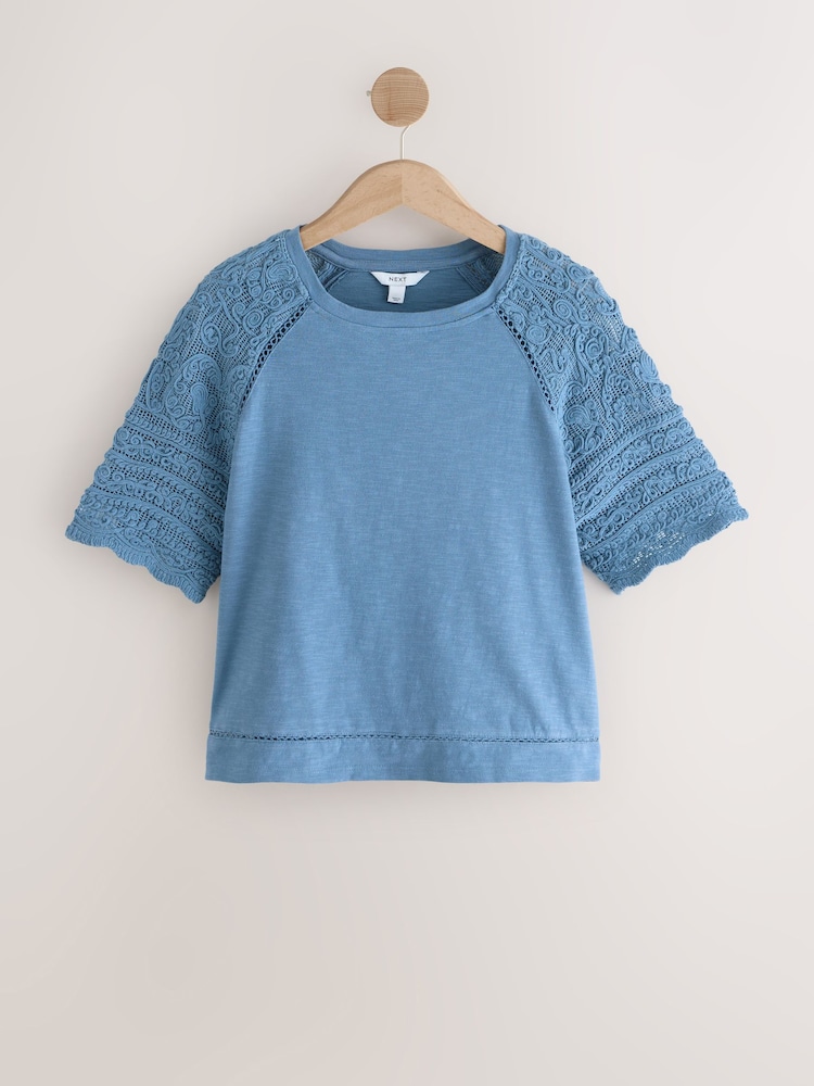 Blue Crochet Short Sleeve 100% Cotton T-Shirt - Image 5 of 7