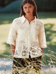 Neutral Crochet Lace Short Sleeve Holiday Shirt - Image 1 of 7