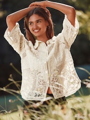 Neutral Crochet Lace Short Sleeve Holiday Shirt - Image 2 of 7