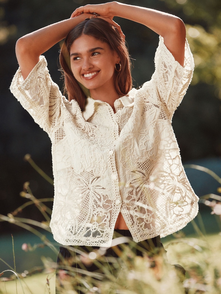 Neutral Crochet Lace Short Sleeve Holiday Shirt - Image 2 of 7