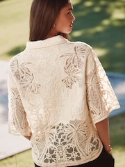 Neutral Crochet Lace Short Sleeve Holiday Shirt - Image 3 of 7
