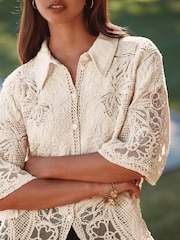 Neutral Crochet Lace Short Sleeve Holiday Shirt - Image 4 of 7
