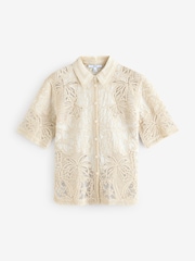Neutral Crochet Lace Short Sleeve Holiday Shirt - Image 5 of 7