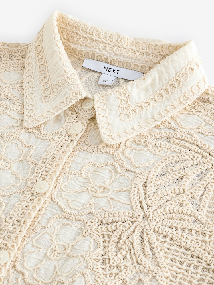 Neutral Crochet Lace Short Sleeve Holiday Shirt - Image 7 of 7