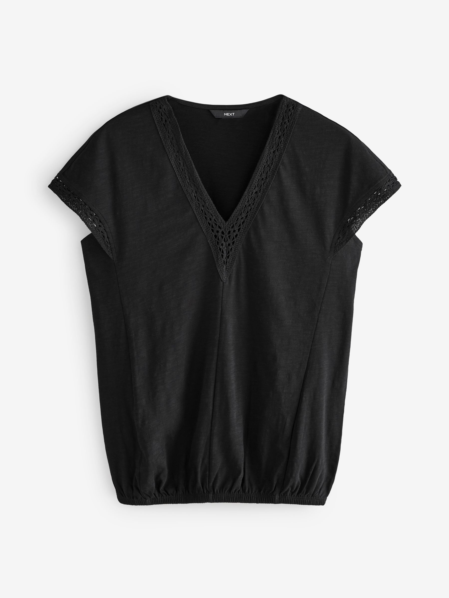 バブルス　bubbles Open neck rib tops Black Buy Black Short Sleeve Lace V-Neck Bubble Hem 100% Cotton Top from