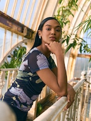Kew Collection Navy Floral Print Short Sleeve Ruched Mesh Top - Image 1 of 7