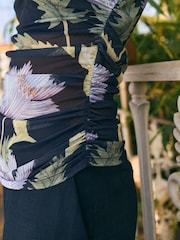 Kew Collection Navy Floral Print Short Sleeve Ruched Mesh Top - Image 4 of 7