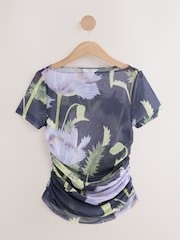 Kew Collection Navy Floral Print Short Sleeve Ruched Mesh Top - Image 5 of 7