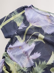 Kew Collection Navy Floral Print Short Sleeve Ruched Mesh Top - Image 6 of 7