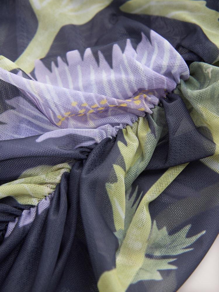 Kew Collection Navy Floral Print Short Sleeve Ruched Mesh Top - Image 7 of 7