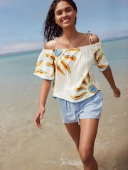 Ecru Sun Print Strappy Bardot Short Sleeve 100% Cotton Top - Image 1 of 7
