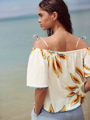 Ecru Sun Print Strappy Bardot Short Sleeve 100% Cotton Top - Image 2 of 7