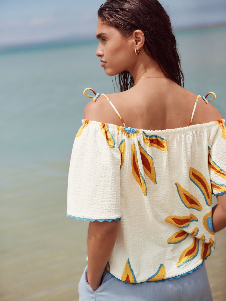 Ecru Sun Print Strappy Bardot Short Sleeve 100% Cotton Top - Image 2 of 7