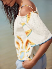 Ecru Sun Print Strappy Bardot Short Sleeve 100% Cotton Top - Image 4 of 7
