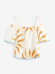 Ecru Sun Print Strappy Bardot Short Sleeve 100% Cotton Top - Image 5 of 7