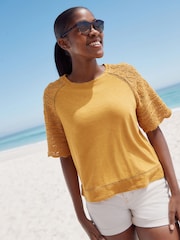 Ochre Yellow Crochet Short Sleeve 100% Cotton T-Shirt - Image 1 of 8