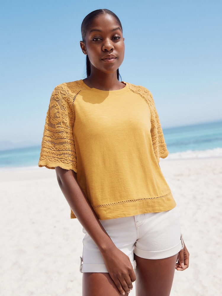 Amarillo ocre - Crochet Short Sleeve 100% Cotton T-Shirt - Imagen 2 de 8 Amarillo ocre - Crochet Short Sleeve 100% Cotton T-Shirt - Imagen 2 de 8