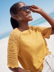 Ochre Yellow Crochet Short Sleeve 100% Cotton T-Shirt - Image 4 of 8
