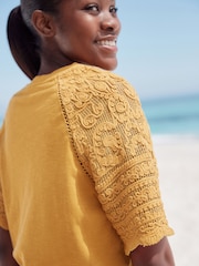 Ochre Yellow Crochet Short Sleeve 100% Cotton T-Shirt - Image 5 of 8
