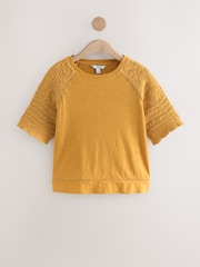 Ochre Yellow Crochet Short Sleeve 100% Cotton T-Shirt - Image 6 of 8