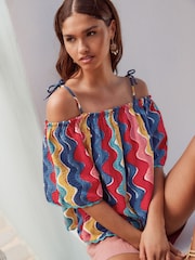 Multi Colour Wave Print Strappy Bardot Short Sleeve 100% Cotton Top - Image 1 of 8