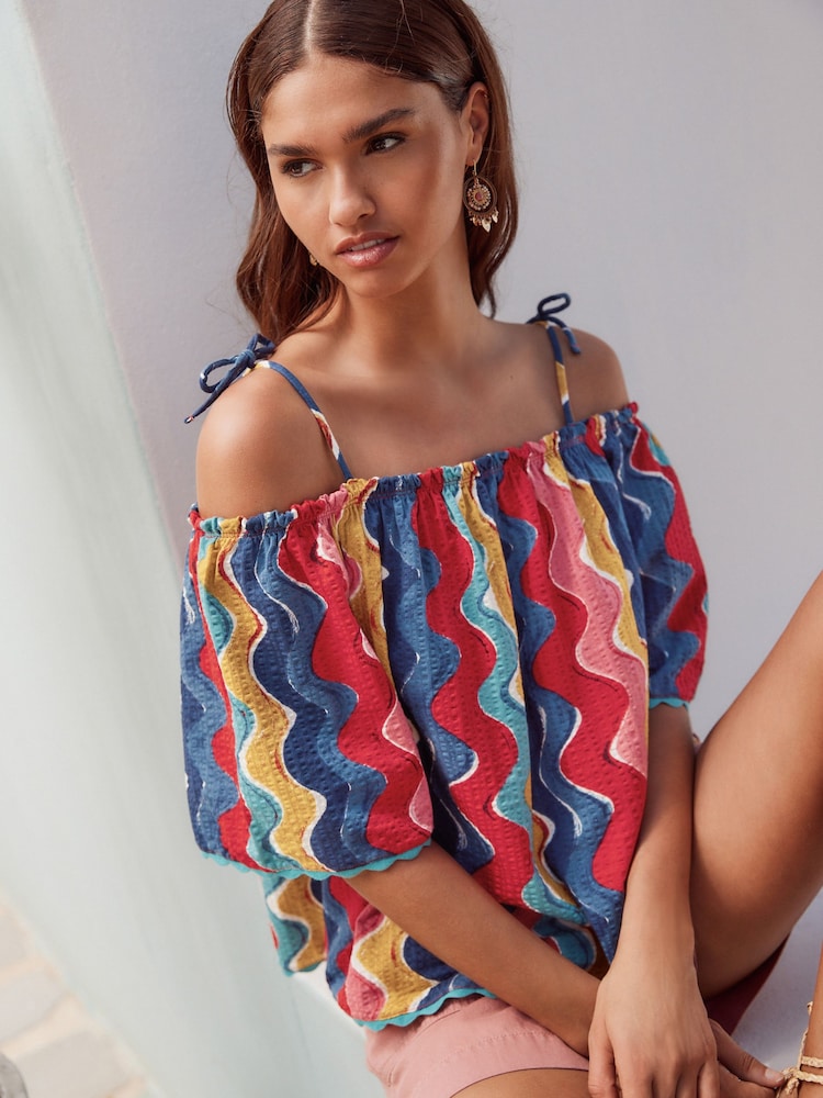Multi Colour Wave Print Strappy Bardot Short Sleeve 100% Cotton Top - Image 1 of 8