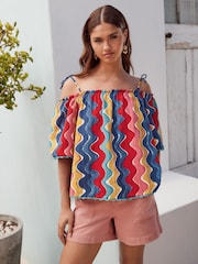 Multi Colour Wave Print Strappy Bardot Short Sleeve 100% Cotton Top - Image 3 of 8