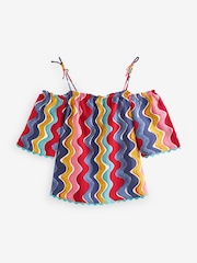 Multi Colour Wave Print Strappy Bardot Short Sleeve 100% Cotton Top - Image 6 of 8