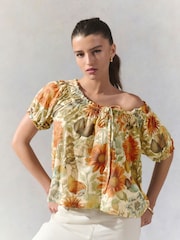 Yellow/White Floral Short Sleeve Ruched Neck Jersey 100% Cotton Blouse - Image 1 of 7