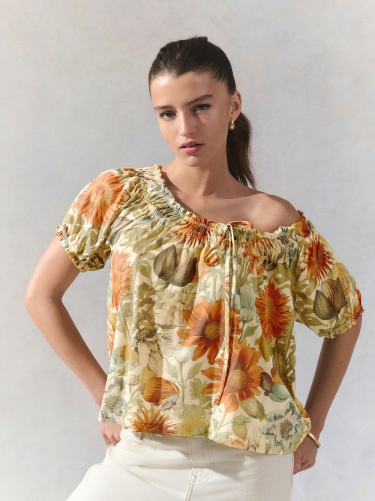 Yellow/White Floral Short Sleeve Ruched Neck Jersey 100% Cotton Blouse - Image 1 of 7