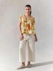 Yellow/White Floral Short Sleeve Ruched Neck Jersey 100% Cotton Blouse - Image 2 of 7